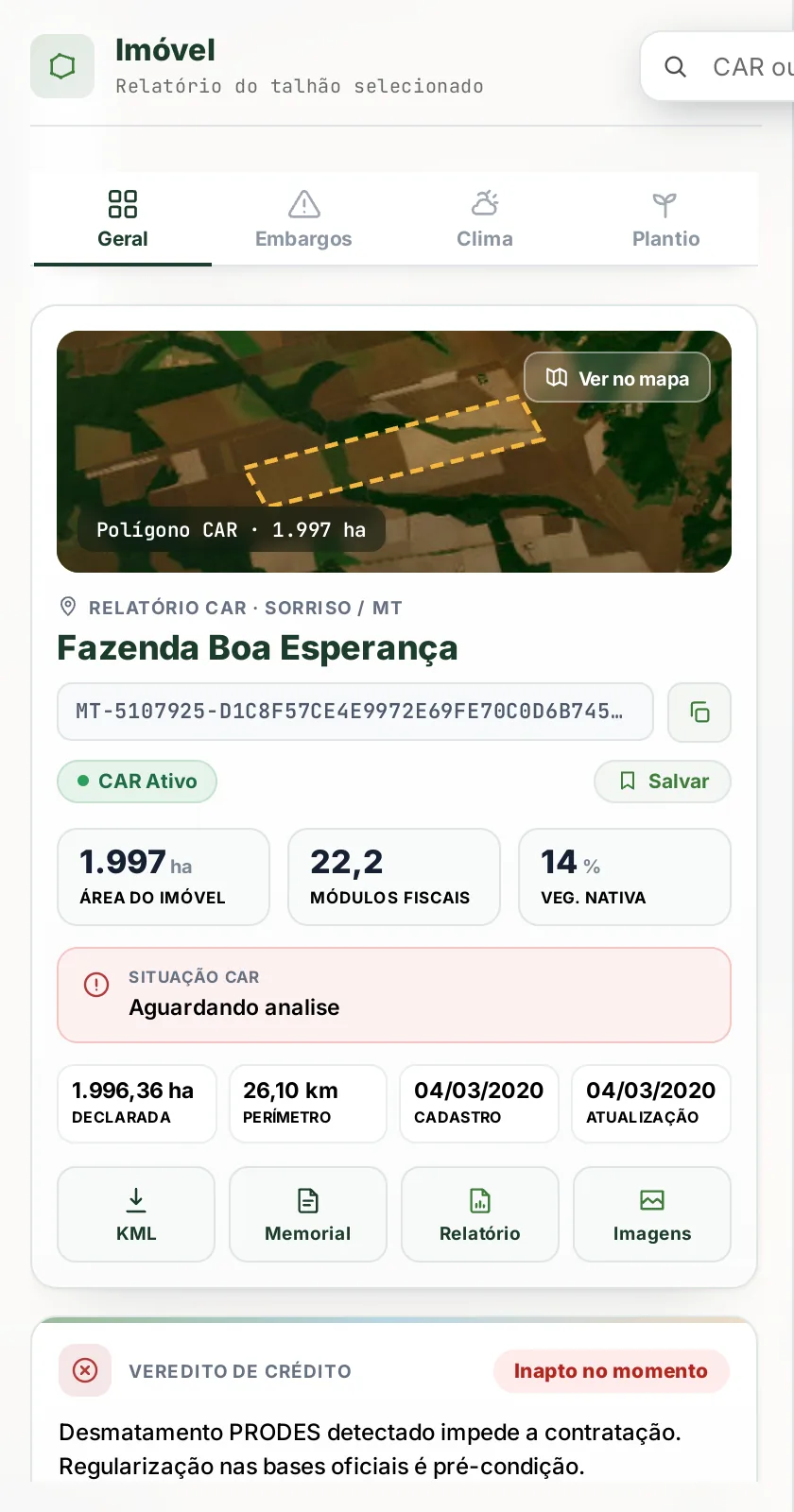 Painel do imóvel com dados, situação e veredito